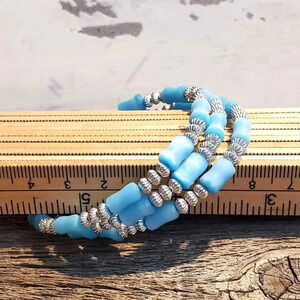 Cat's Eye Glass Vintage Beads Light Aqua Blue Memory Wire Wrap Bangle Bracelet